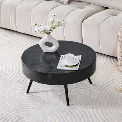 Produktbild von MODFU Couchtisch Rund,Beistelltisch in schwarzer Holzoptik schwarzen Metallbeinen für Wohnzimmer und Schlafzimmer Schwarz