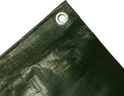 A close-up view of the corner of a dark green tarp, showing a metal grommet.