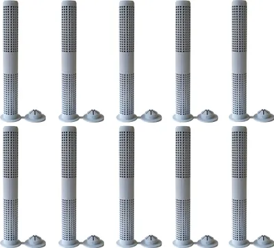 Ten gray cylindrical objects with perforated sides and small circular bases are arranged in two rows of five on a white background.