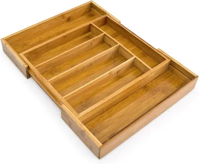 Obrázok produktu pre Výsuvná zásuvka na príbory – bambus – veľká – 5-7 priehradiek – organizér do kuchynskej zásuvky – 5 x 49 x 37 cm – prírodná farba