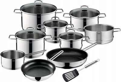 A collection of stainless steel cookware and kitchen utensils arranged on a white background.