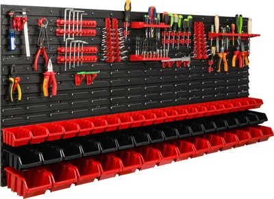 Image de Système de rangement Étagère d'atelier | 172 x 78 cm | 53 pièces Boîte | Étagère murale avec supports pour outils et boîtes empilables - Panneaux muraux Étagère à bacs extra-robuste Panneau perforé pour outils Étagère de rangement Étagère de garage