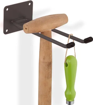 Produktbild von 4 x Gerätehalter Wand, Länge 24 cm, Doppelhaken, Wandhaken Garage, Werkstatt & Keller, Besenhalter Stahl, Haken, blau