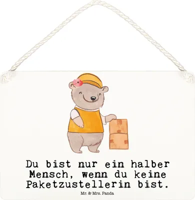 Produktbild von Mr. & Mrs. Panda Schild Paketzustellerin Herz DIN A6 - Weiß - Geschenk, Paketbotin, Wandbild Holz, wandtafel, Spruch, holzbild, Witzig, Holzschild, Türschild, Lustig