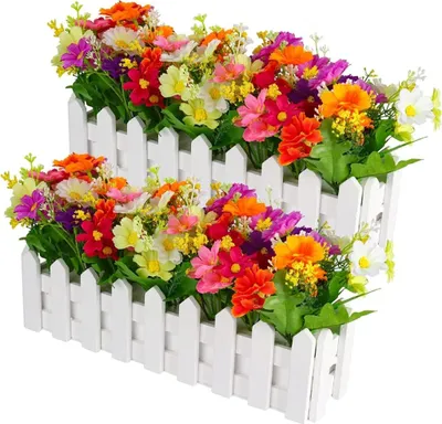 Produktbild von Künstliche Blumen im Topf, 2Stk Deko Blumen Künstlich mit Holzzaun, Kunstblumen im Topf, Kunstblumen Herbst, Orchideen Künstlich, Unechte Blumen Deko für Balkon Wohnzimmer Garten