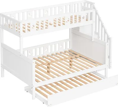 Produktbild von Weiss Jugendbett Ohne Matratze Etagenbett Kinderbett 90x200cm 140x200cm Mit Sicherheitstreppe Rollbett Lattenrost Massivholz