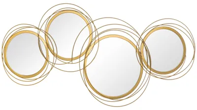 Zdjęcie produktu dla Metalowa dekoracja ścienna z złotą ramą, zestaw 4 okrągłych luster ściennych, lustro do przedpokoju, kolor złoty | Zmontowane | 4-elementowe | 107 x 56 cm