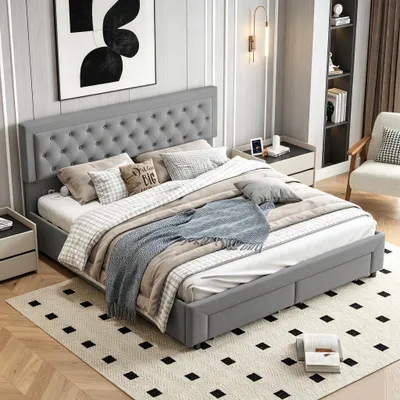 Image de INONEFT, lit à lattes avec sommier à ressorts, 180 x 200 cm, lit double avec espace de rangement hydraulique, revêtement en velours, couleur gris