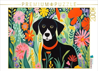 Produktbild von CALVENDO Puzzle Schwarzer Hund im Blumenmeer | 2000 Teile Lege-Größe 90x67cm Foto-Puzzle für glückliche Stunden