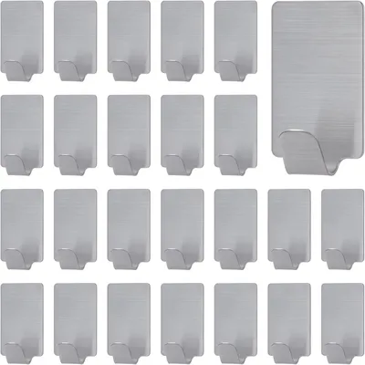 Image de Lot de 24 crochets adhésifs en acier inoxydable, petits crochets muraux adhésifs, crochets pour serviettes pour la salle de bains, les toilettes, la cuisine et le bureau
