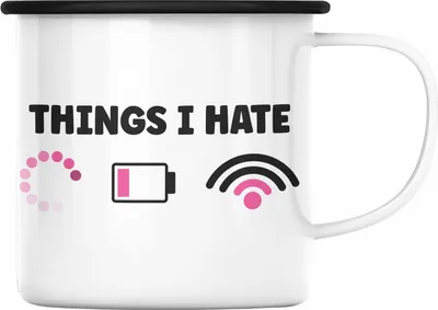 Produktbild von Trendation - Lustige Programmiererin Computer Gaming Geschenk Emaille Tasse Things I Hate Emaille Emaille Tasse Geschenkidee (Schwarz)