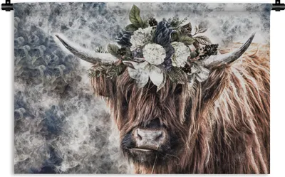 Produktbild von MuchoWow® Wandteppich Wandbehang Schottische Hochlandrind - Blumen - Nebel 150x100 cm Tapisserie Dekoration Wandtuch - Waschbar - Tapisserien - Wand-Decke