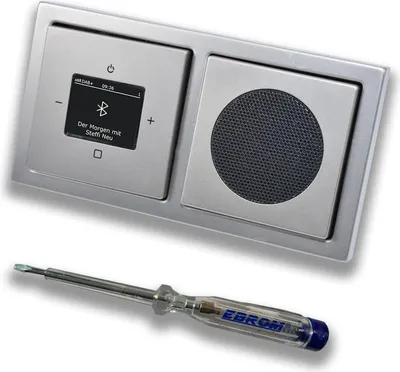 Produktbild von Busch Jäger DAB+ Unterputz Bluetooth (in and out) Radio 8217U-101 PUR Edelstahl, Komplett-Set 8217 U – 101 im 2-fach Rahmen + Lautsprecher + Abdeckungen inkl. EBROM Phasenprüfer zur Montage der Geräte