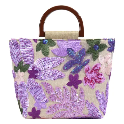 Produktbild von Damen Blumenstickerei Henkeltasche, Sommer Leinen Einkaufstasche, Pailletten Handtasche, Lila