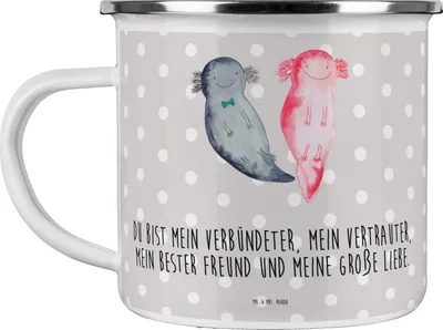 Produktbild von Mr. & Mrs. Panda Pott Axolotl Freundin - Grau Pastell - Geschenk, Schwanzlurch, Emaille Tasse, Valentinstag, Teetasse, becher, wandertasse, Lurch