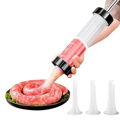 Obrázok produktu pre Ručná plnička na klobásy z nehrdzavejúcej ocele, stroj na plnenie klobás a salám s 3 nástavcami, domáca výroba klobás - Stuffer