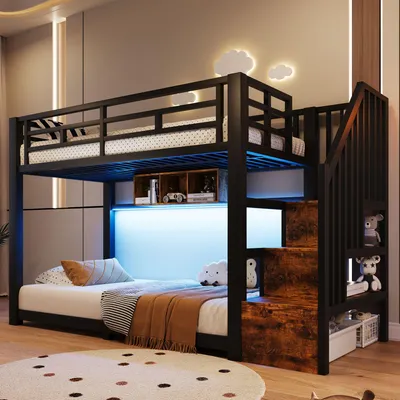 Immagine prodotto di Letto a castello Merax, 90 x 200 cm, con luci LED, 3 contenitori portaoggetti, scala con spazio contenitivo e ringhiera di sicurezza, letto per bambini, letto a castello in metallo, colore nero