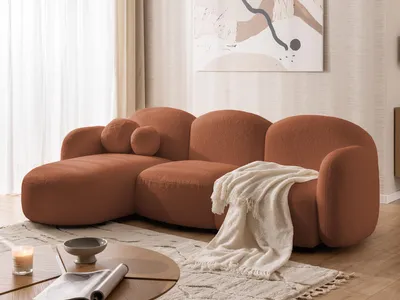 Produktbild von Nuvola - Moderne Ecksofa L-Form aus Terrakotta Bouclé-Stoff mit abgerundetem Design und hohem Sitzkomfort