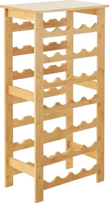 A freestanding bamboo wine rack with multiple shelves and bottle holders.