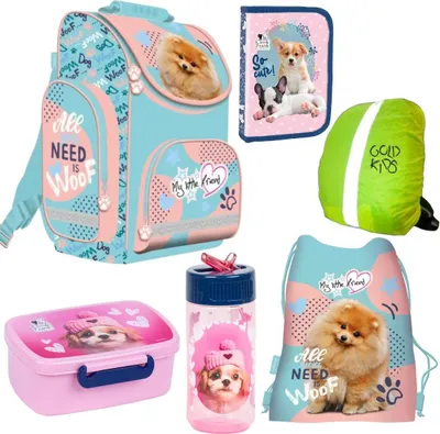 Produktbild von Schulranzen Set 6er Fluffy Dog Ranzen Tornister Federmappe Turnbeutel Turnsack Brotdose Trinkflasche Regenschutz Hund Dog Motiv