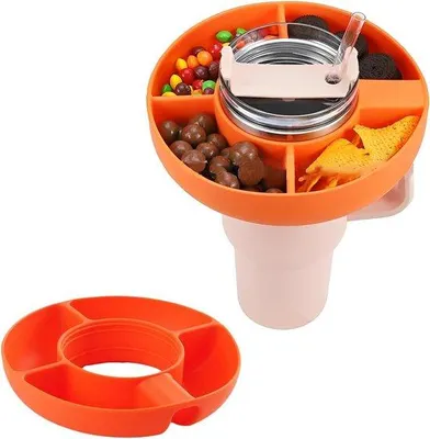 Produktbild von Oranger Trinkbecher 102ml mit Handgriff und Snacktablett, spülmaschinenfest