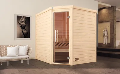 Produktbild von weka Premium Massivholz-Sauna TURKU Eck Gr. 2 Sparset 7,5 kW BioS inkl. digitaler Steuerung, Glastür x B x T x H x 195 x 195 x 205