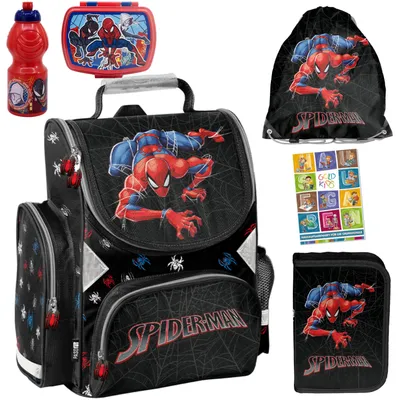 Produktbild von Schulranzen für Jungen und Mädchen, 6er-Set - Schul-Rucksack für Kinder mit Federmäppchen - Schuhbeutel Trinkflasche und Brotdose - Spiderman Motiv