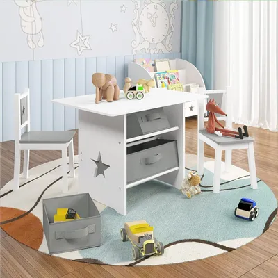 Obrázok produktu pre Detský stolík s 2 stoličkami a 3 úložnými košíkmi | Biela + sivá | 72x49x50 cm