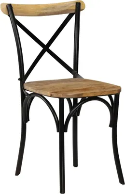 A single chair with a black metal frame and a wooden seat and backrest, isolated on a white background.