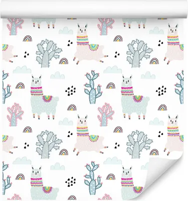 Produktbild von 10m VLIES TAPETE Rolle Kinderzimmer Lamas Regenbogen Wolken Kakteen XXL