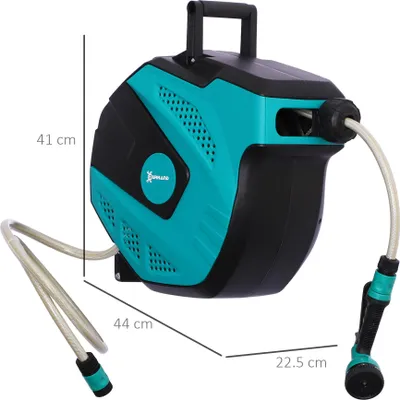 Produktbild von 15-Meter-Gartenschlauchaufroller – Wandmontage, automatischer Aufroller mit 7 Sprühmustern – inklusive Wandhalterung – blau