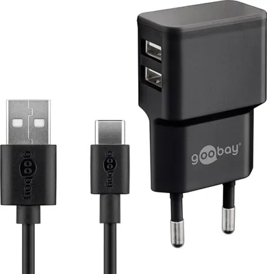 Produktbild von Dual Ladeset 2,4 A, Netzteil mit 2x USB-Ausgang inklusive USB-Ladekabel, schwarz USB-C