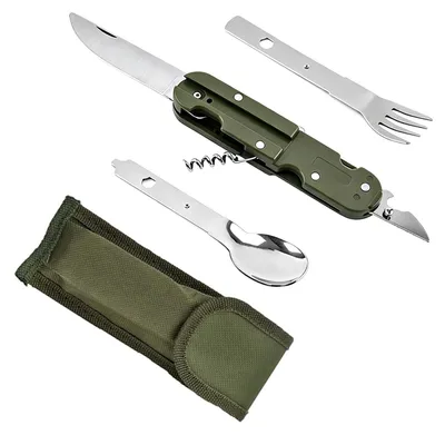 Imagen del producto de Juego de cubiertos plegable multifuncional 5 en 1, que incluye cuchillo, tenedor, cuchara y cubiertos para camping