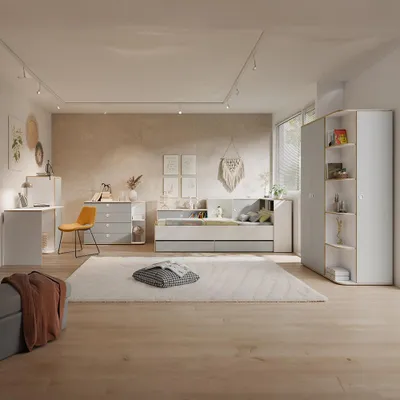 Produktbild von Jugendzimmer-Komplettset in Grau mit Weiß mit Bett, Kleiderschrank, Schreibtisch und Kommode, 4-teilig - POZZALLO-166, KI-generiertes Bild