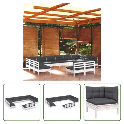 Produktbild von The Living Store 12-tlg. Garten-Lounge-Set mit Kissen Weiß Kiefer Massivholz