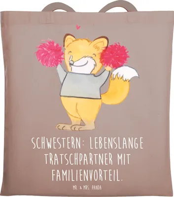 Produktbild von Mr. & Mrs. Panda Jutebeutel Schwestern Tratschpartner - Braun Pastell - Geschenk, Schwester, Liebe, Vertrautheit, herzerwärmende Sprüche, Einkaufstasche, Tote Bag, Tasche
