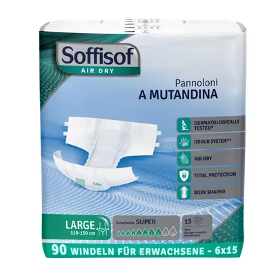 Obrázok produktu pre Plienky Soffisof Air Dry pre dospelých Super L - 90x inkontinenčné plienkové nohavičky - 6 balení po 15 plienkach, 8 kvapiek - plienky pre dospelých