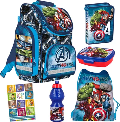 Produktbild von Set 6er Schulranzen Ranzen Tornister Federmappe Turnbeutel Turnsack Brotdose Trinkflasche Aufgabenheft für die Grundschule Marvel Avengers Motiv