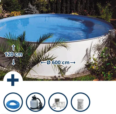 Produktbild von Stahlwandpool Set rund Bermuda 600x120 cm, Stahl 0,6 mm weiß, Folie 0,6 mm blau, Einhängebiese