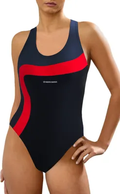 Zdjęcie produktu dla Strój kąpielowy damski jednoczęściowy, Sesto Senso, Model 728, sportowy, wygodny, elastyczny, szybkoschnący, czarny/czerwony, na basen, plażę, aqua fitness, Rozmiar L