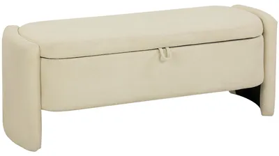 Produktbild von Bettbank, 118 x 42 x 45 cm, gepolsterte Aufbewahrungsbank mit BouclšŠ-Bezug, Beine aus Eukalyptusholz, Creme