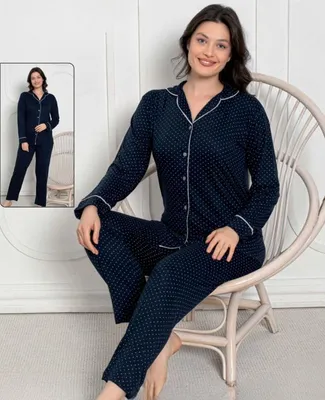 Immagine prodotto di Pigiama da donna lungo blu navy XL in viscosa con bottoni 2 pezzi caldo L-47