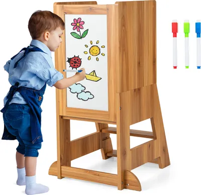 Produktbild von COSTWAY Lernturm Kinder, 2 in 1 Tritthocker Montessori mit 3 verstellbare Höhen, 70 kg Belastbar (Natur)