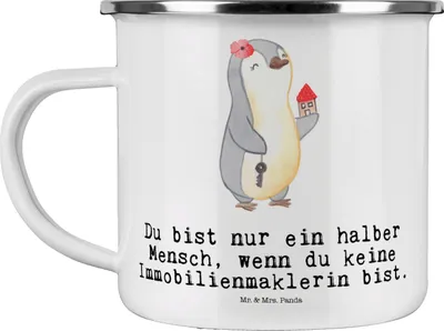 Produktbild von Mr. & Mrs. Panda wanderbecher Immobilienmaklerin Herz - Weiß - Geschenk, Immobilienkauffrau, Teebecher, Pott, Spruch, Lustig, Teetasse, Emaille Tasse, Immobilienbüro