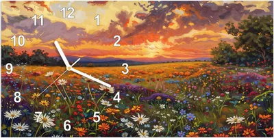 Produktbild von Wanduhr aus Glas mit Motiv Blumenwiese Sonnenuntergang- 60 x 30 cm - inkl. Aufhängesystem