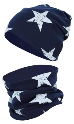 Produktbild von TupTam Uni Kinder Beanie Mütze Schlauchschal Set, Farbe: Sterne Weiß / Dunkelblau, Größe: 52-54
