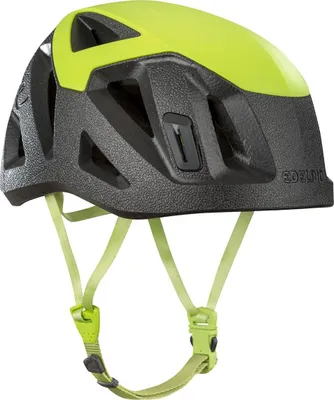 Kletterhelm "Salathe" von Edelrid in Schwarz und Neongelb mit verstellbaren Riemen.