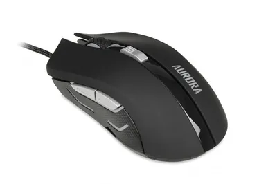 A black computer mouse with silver accents is shown against a white background.