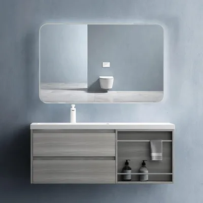 Image de doporro Meuble de Salle de Bain Chêne Foncé Ensemble de 3 Pièces Meuble avec Lavabo 120cm et LED Miroir Design Open avec 2 Tiroirs et 1 Compartiment