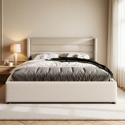 Immagine prodotto di Letto imbottito UnboxG, dimensioni 160x200 cm, con contenitore, sistema di sollevamento idraulico, testiera imbottita con motivo trapuntato e rivestita in lino, colore beige